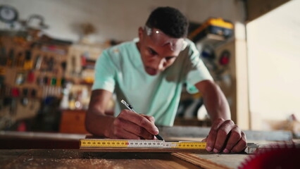 Concentrated Young Brazilian Carpenter Learning Profession in Workshop, using saw machine slicing wood