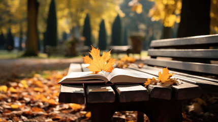 Naklejka na ściany i meble Fall Foliage Elegance: Discovering Rustic Tranquility with an Open Book