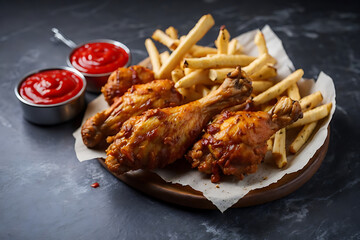 high angle fried chicken drumsticks with ketchup and fries