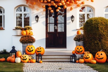 Obraz premium Residential house decorated with pumpkins