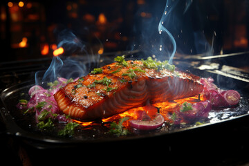Grilled salmon steak with smoke and flames, delicious and juicy trout on the barbecue
