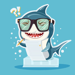 Smiling Buisiness Blue Shark Cartoon Mascot Character With Sunglasses on documents. Vector Illustration With blue Background. Buisiness shark cartoon character. Shark teacher
