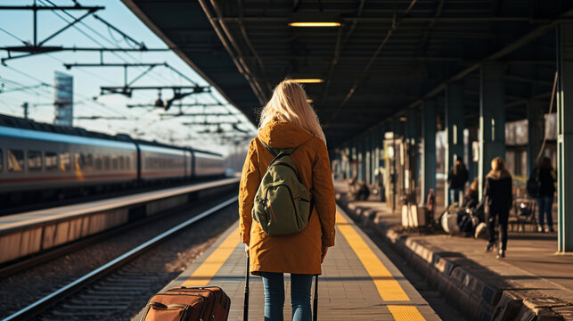 Happy young traveler woman with luggage waiting for train at train station platform. Generative AI