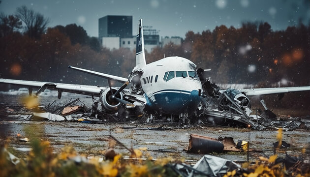 Plane crash, crashed airplane, air accident. Generative AI