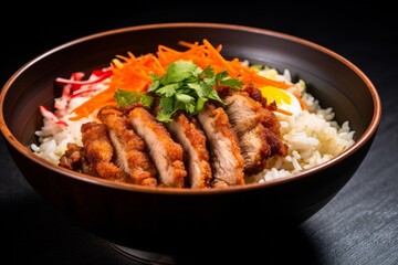 Breaded and deep-fried pork cutlet rice bowl, revealing the crispy crumb topping and fluffy rice grains