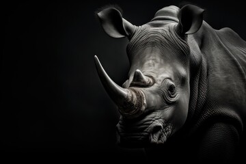 rhino black and white photo, detailed portrait of endangered rhinoceros 