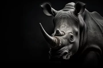 Zelfklevend Fotobehang rhino black and white photo, detailed portrait of endangered rhinoceros  © Layerform