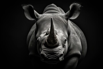 rhino black and white photo, detailed portrait of endangered rhinoceros  - obrazy, fototapety, plakaty