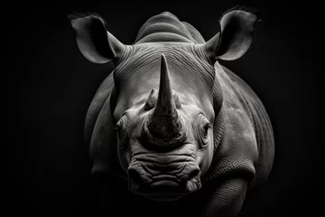 Foto op Canvas rhino black and white photo, detailed portrait of endangered rhinoceros  © Layerform
