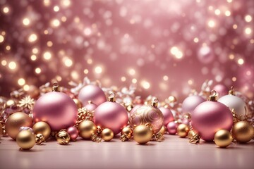 Fototapeta na wymiar Pink and gold christmas gifts isolated on pastel pink background. christmas ornaments and baubles