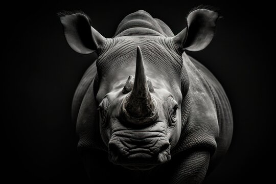 rhino black and white photo, detailed portrait of endangered rhinoceros 