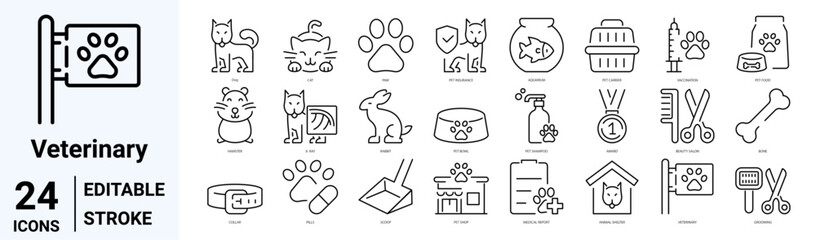 Veterinary line web icons. dog care and cat food. Pets. pet care and dog paw. Collection of Outline Icons. Cute animals. Vector illustration.