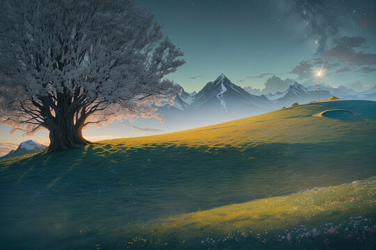 Spring landscape sunlight lit meadow painting print