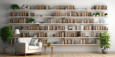Home library with bookshelves on the wall, Generative AI - obrazy, fototapety, plakaty