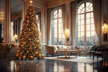Decorated Christmas tree with golden balls and gifts in a luxurious interior, new year tradition, merry xmas