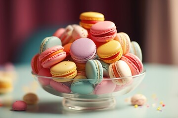 Fototapeta premium An assortment of colorful macarons displayed on a pastel plate. Generative AI