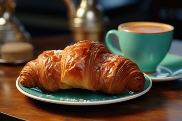 A close-up of a flaky croissant paired with a cup of steaming cappuccino. Generative AI