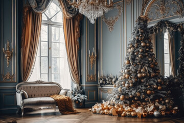 Fototapeta premium Decorated Christmas tree with golden balls and gifts in a luxurious interior, new year tradition, merry xmas