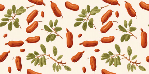 Seamless pattern with tamarind pods and foliage on clean white background. Concept: Unique fruit grove designs on subtle canvas.