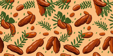 Seamless pattern of cocoa brown background with tamarind fruits and leaves. Concept: Tropical motifs on earthy canvas.