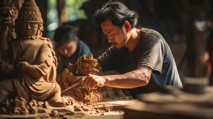 Obraz premium A man carves a wooden statue. Generative AI