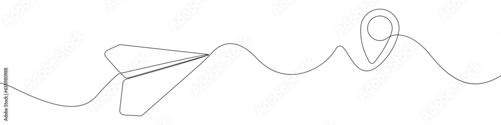 Poster paper plane line continuous drawing vector. one line the plane flies to the location marker vector b