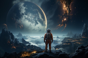 Astronaut standing sitting on the moon lunar surface looking at the earth - obrazy, fototapety, plakaty