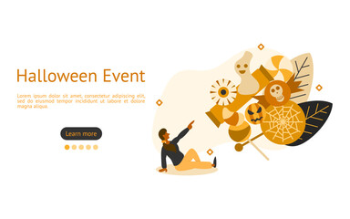 Halloween Event illustration. Characters are looking at Halloween festival candies. Halloween event and activity concept. vector illustration.