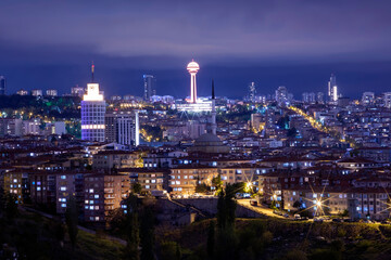 Ankara Wonderful night view long exposure where the Atakule located in Cankaya	