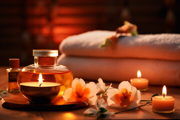 Obraz na płótnie Canvas Massage room, massage table, towel and aromatic candles, essential oils. Spa procedures