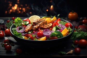 A vibrant salad bowl filled with a colorful array of fresh vegetables and grilled chicken. Generative AI
