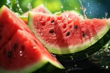 A refreshing image of a watermelon slice being enjoyed on a hot summer day, with juice dripping. Generative AI
