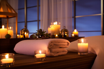 Massage room, massage table, towel and aromatic candles, essential oils. Spa procedures
