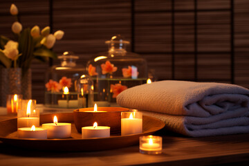 Massage room, massage table, towel and aromatic candles, essential oils. Spa procedures