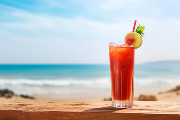 Obraz premium Alcoholic cocktail on the background of a beautiful beach and free space for text. Summer alcoholic drink
