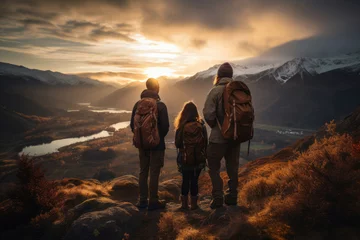 Deurstickers Family of travelers tourists stand on the mountain and look at the dawn © Michael