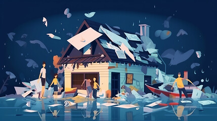 ai generated illustration close up house on the flooded road. Flooded city street, storm
