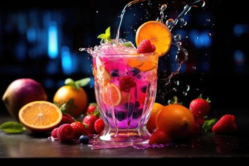 A vibrant image of a fruit smoothie being poured into a glass, showcasing the layers of colorful ingredients. Generative AI