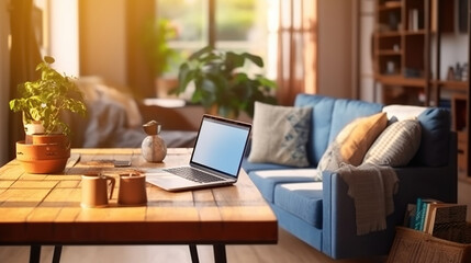Sunlight illuminates living room workplace home office interior for comfort productive work, brown and blue colours. On wooden table laptop comfy couch with cushions on background, Generative AI