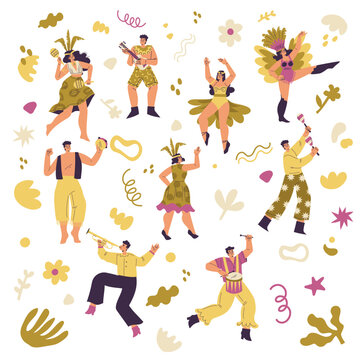 Brazilian Festival with People Dancing and Playing Musical Instrument Vector Set