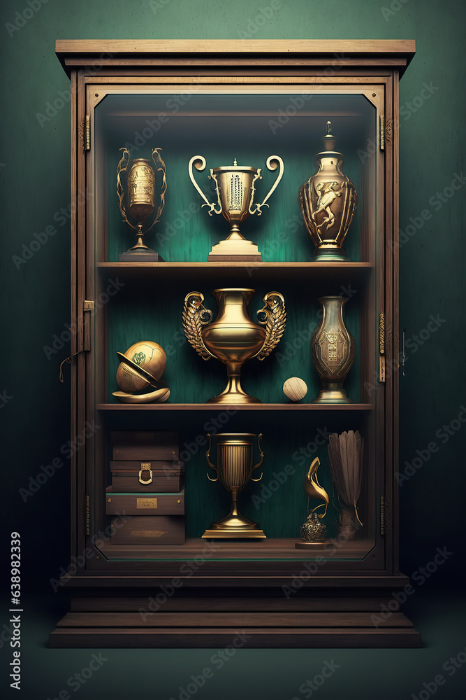 Poster ai generated Illustration trophies display in a shelf .