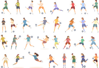 Fototapeta na wymiar Womens football icons set cartoon vector. Soccer cup. Sport run