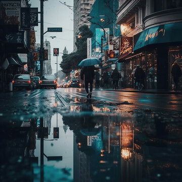 ai generated Illustration downtown rainy day with wet floor