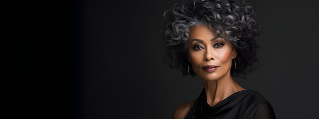 Fototapeta premium Close up portrait of a beautiful smiling black African-American woman of her 50s mid age on black background. Healthy face skin care beauty, skincare cosmetics, dental
