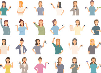 Woman buys a car icons set cartoon vector. Shop dealer. Car drive