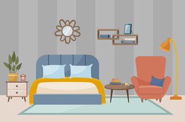 Cozy bedroom. Bedroom interior: bed, armchair, mirror, photo frame, shelves, books, home flower, carpet. Interior concept. Vector flat illustration.