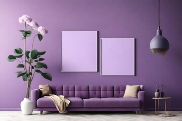 purple couch with frames and lamp in interior
