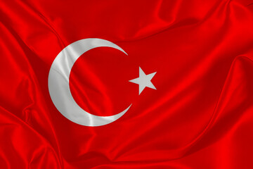 Waving silk flag of Turkey. National Flag background, Patriotic Country Flag.