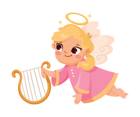 Cute Girl Angel with Wings and Nimbus Flying with Harp Vector Illustration