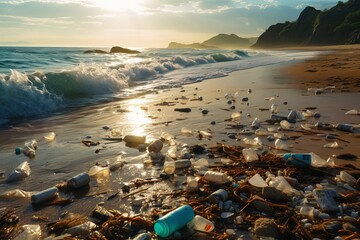 Beaches overwhelmed by plastic waste. Images depicting the alarming issue of plastic pollution on coastlines. 'generative AI'